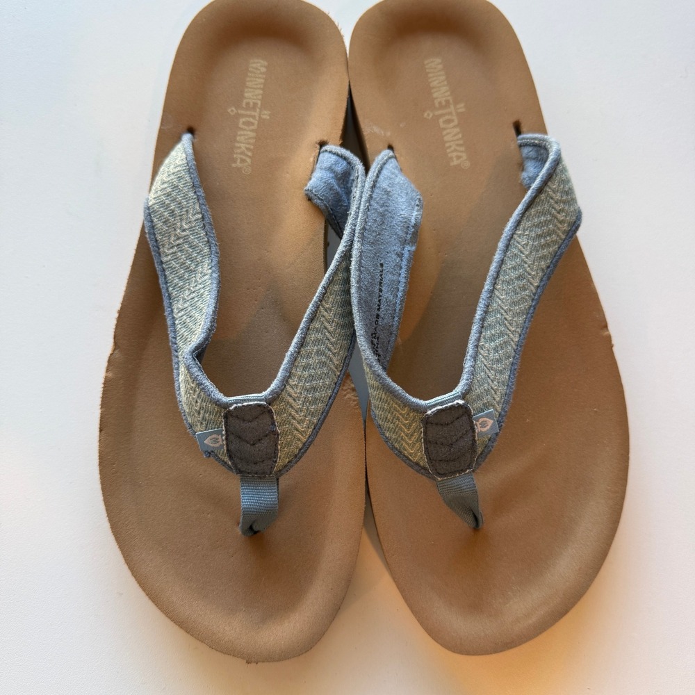 Minnetonka Womens Blue Chevron Textile Flip Flop Sandals 530425 Size 8M